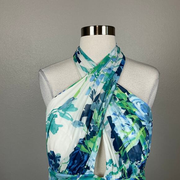 Eliza J Women's Floral Chiffon Evening Gown Blue Size 12 Cut Out Maxi Dress - Picture 7 of 14